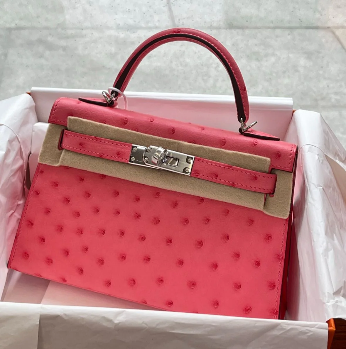 Hermes Mini Kelly 20 Rose Azalee Ostrich Palladium hardware