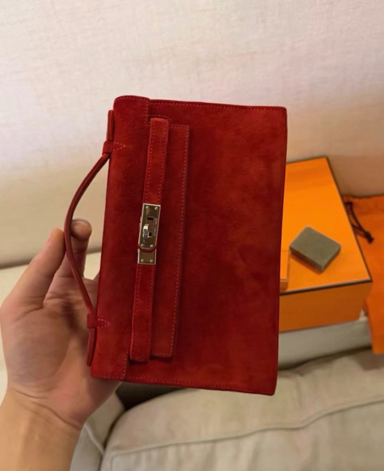 Hermes Kelly pochette red Doblis suede leather palladium hardware