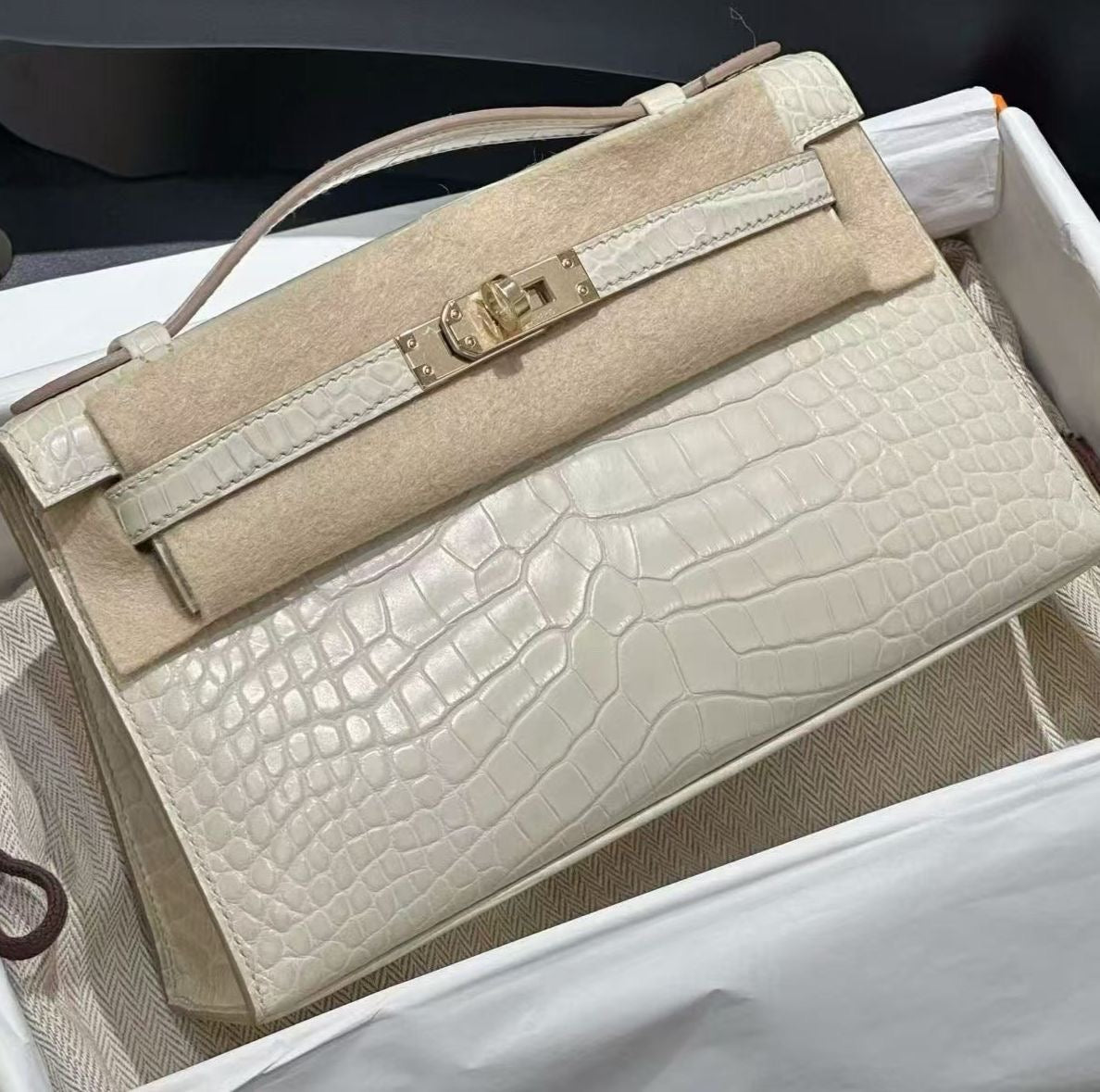 Hermes Kelly Pochette beton matte alligator gold hardware