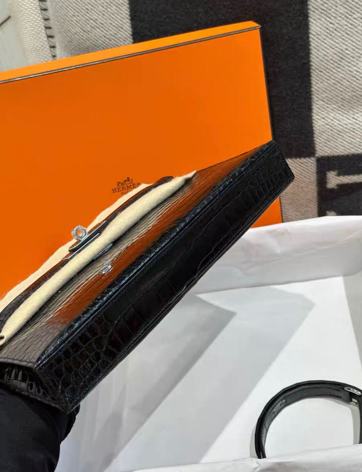 HERMES KELLY ELAN BLACK POROSUS CROCODILE SHOULDER BAG Brand New Stamp W
