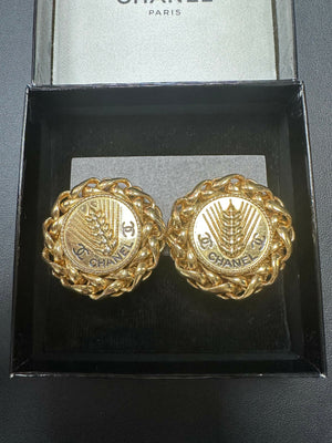Chanel Vintage 86 Gold-plated Wheat Ear Lace Large Round Clip-on Earrings