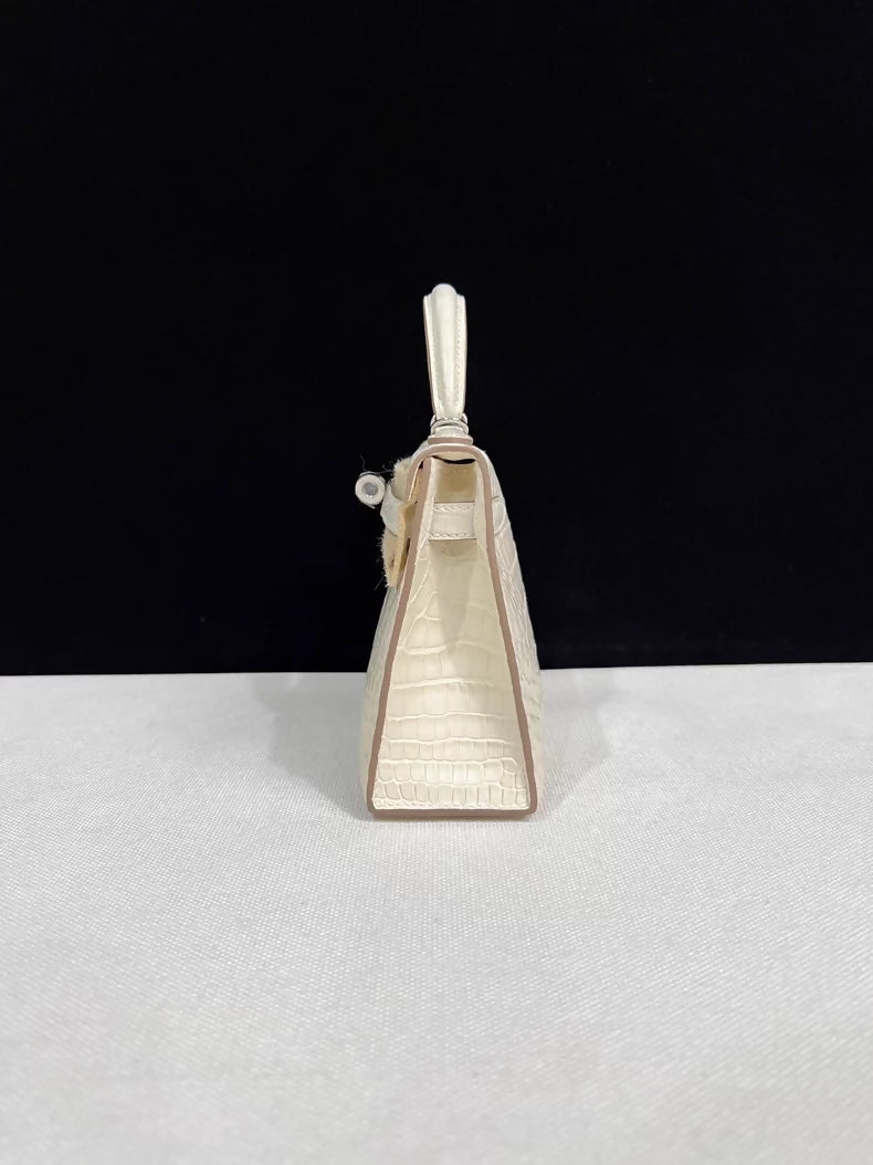 Hermes Mini Kelly 20 Cream White matte Crocodile Leather palladium hardware