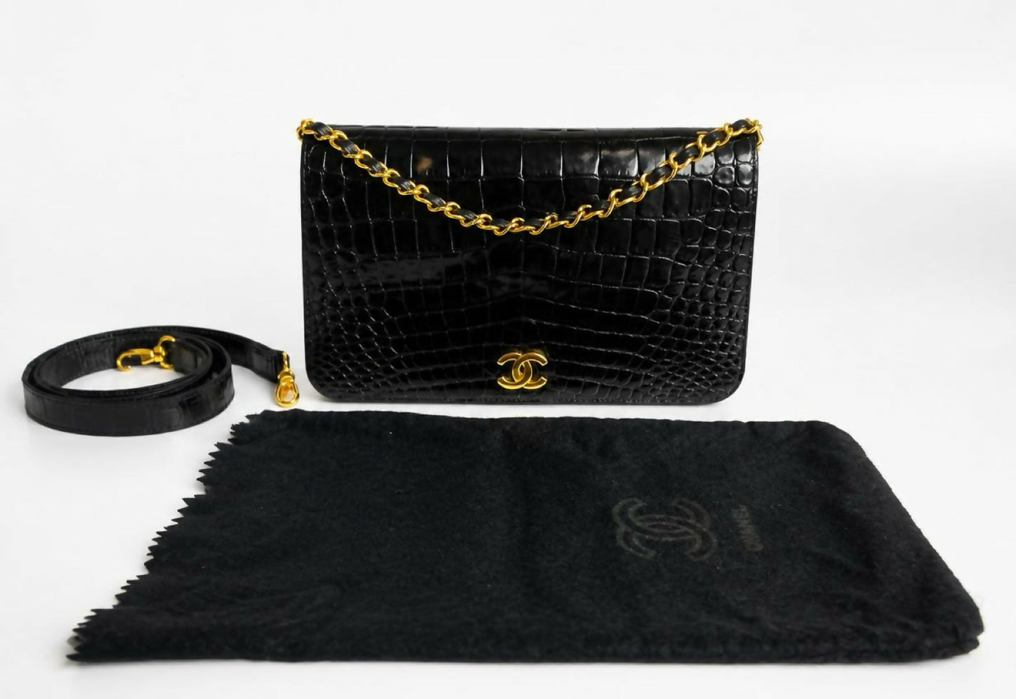 ULTRA RARE Vintage 1984 Chanel Black Crocodile Flap Bag 24K Gold Hardware