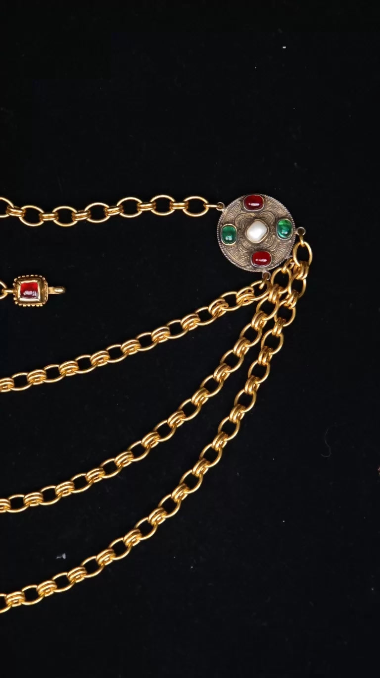 Chanel Red and Green Glass Pearl Pendant, Three-Layer Waist Chain Necklace