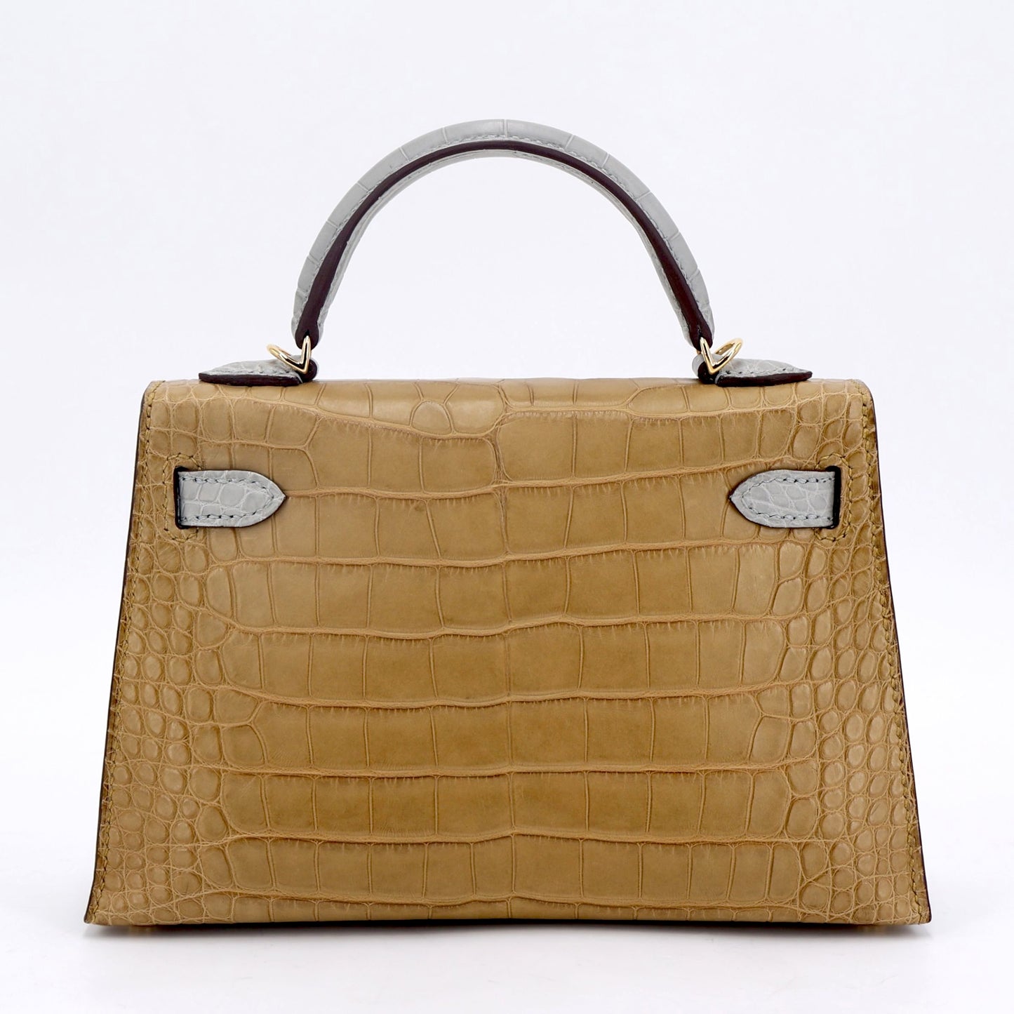 Hermes Mini Kelly 20 Gris Perle Kraft (2H) Matte Alligator Gold hardware