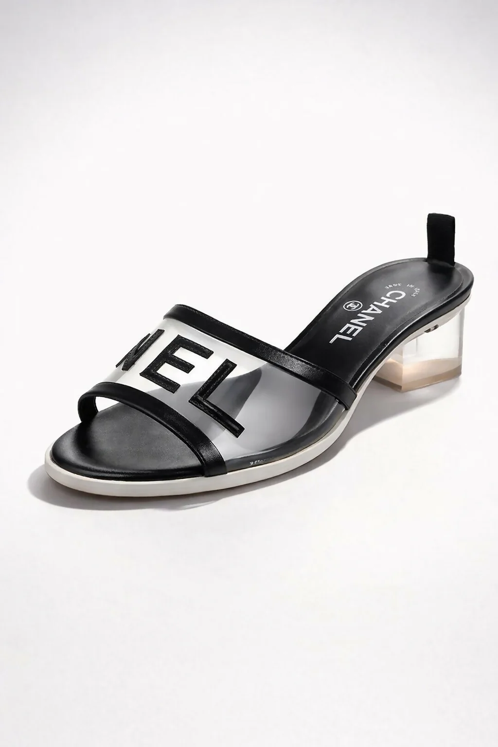 Chanel 19S Sand by the Sea Runway PVC Black Leather Heel Mule Slides EU 37.5C
