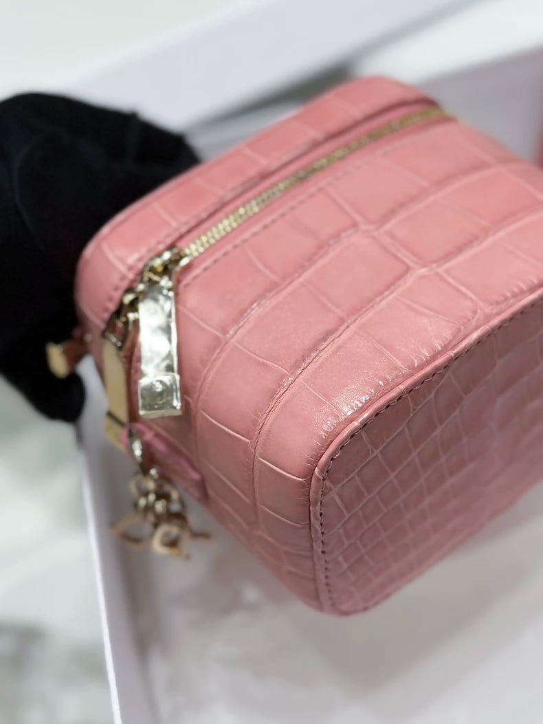 Dior Super Mini Lady Vanity Nude Pink Matte alligator Box Makeup Bag