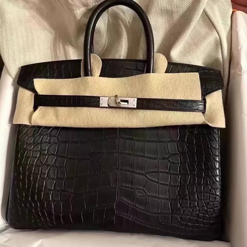 Hermes Birkin 25 black matte crocodile leather palladium hardware