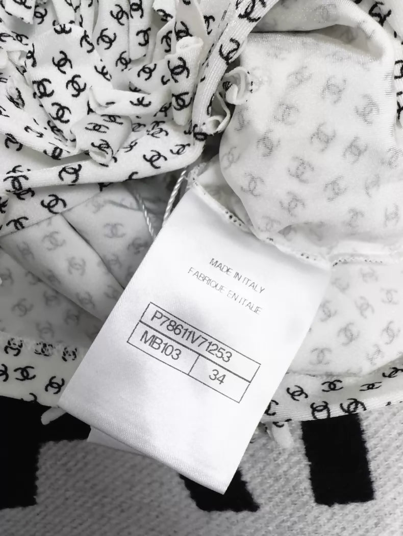 Chanel White Camisole with All-over Black Logo Print and 3D Floral Design