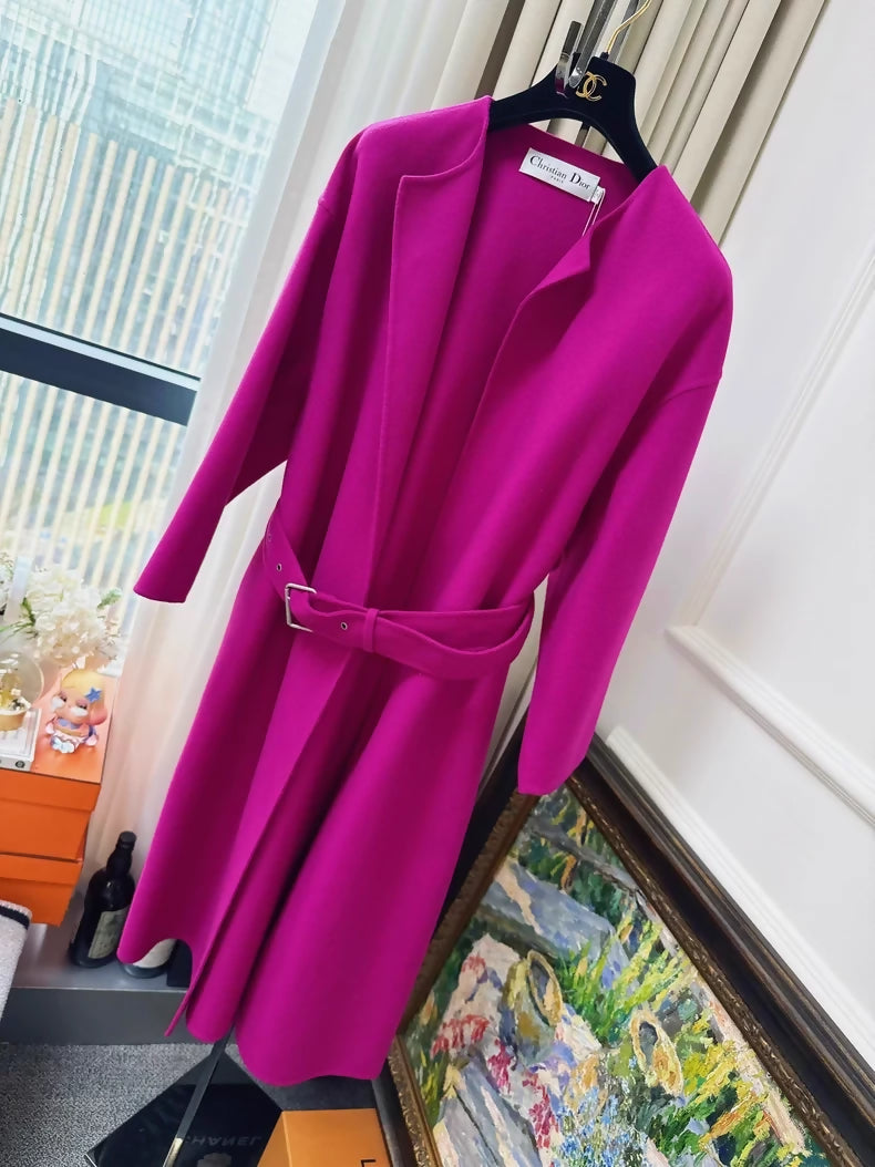 Dior long cashmere coat in fuchsia with belt