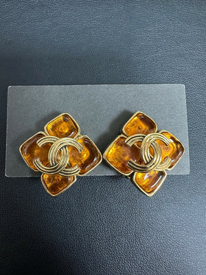 Chanel Vintage 94 Gripoix  Gold Plated Orange and Gold Clip-on Earrings