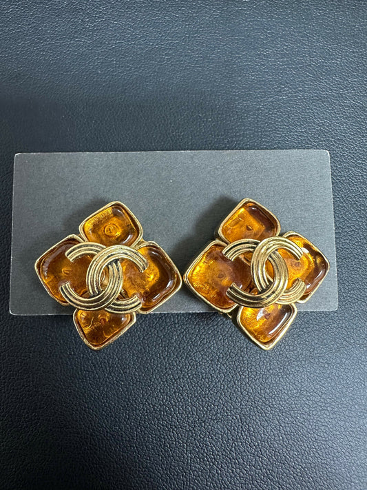 Chanel Vintage 94 Gripoix  Gold Plated Orange and Gold Clip-on Earrings