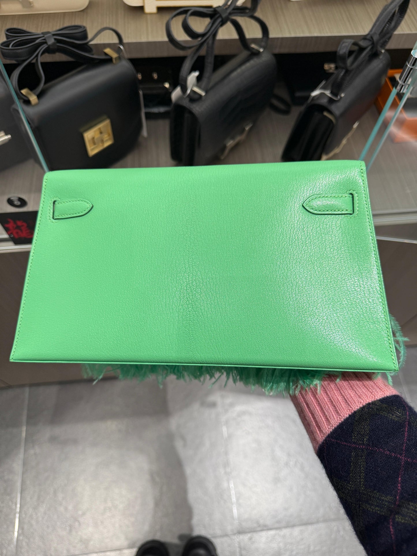 Hermès Kelly Elan Foile Vert Comics Chevre and Ostrich Feather Palladium Hardware