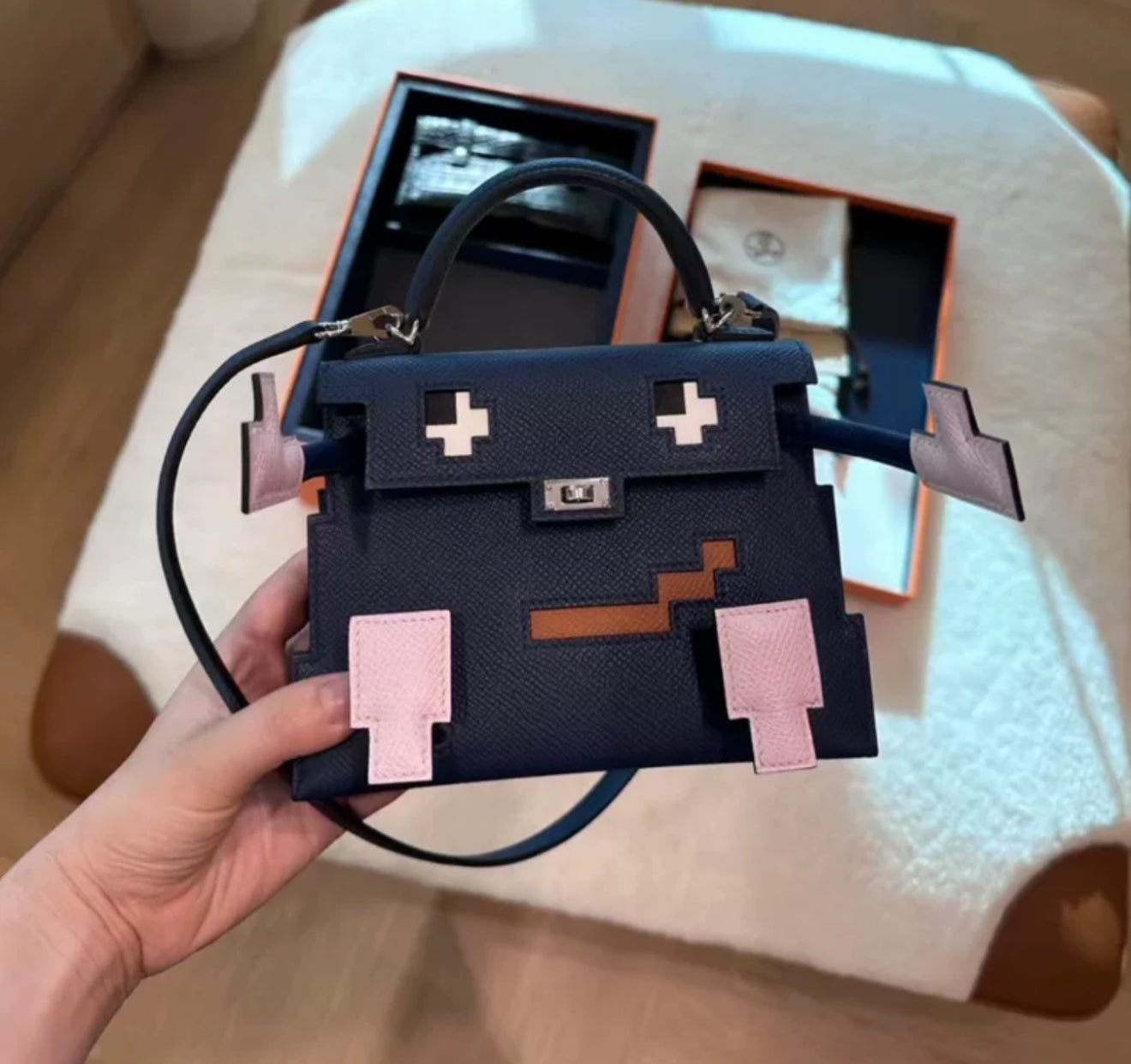 Limited Edition Hermès Kelly Doll Picto in Bleu Saphir, Mauve Pâle, Gold Epsom Leather  Black Matte Alligator with Palladium Hardware