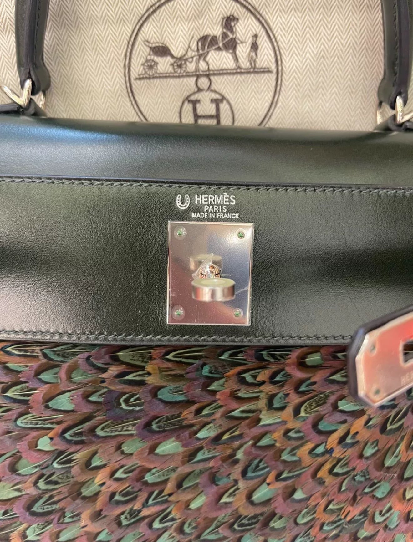 Hermes Kelly 28 Vert Fonce Calf Box Leather Peacock Feather Palladium Hardware