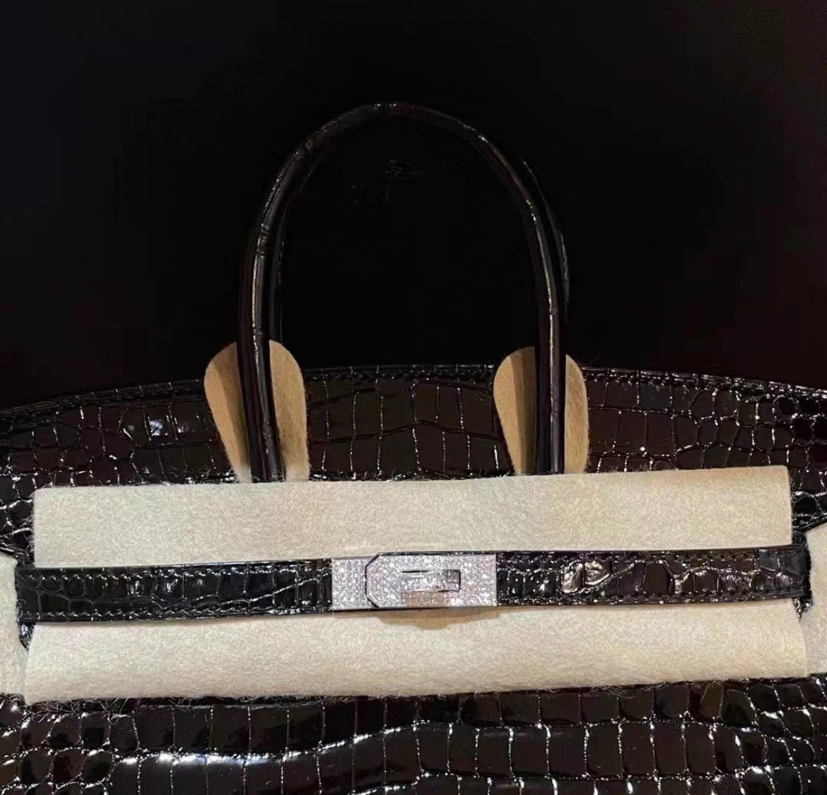 Hermès BIRKIN 25 SHINY BLACK POROSUS CROCODILE DIAMOND WITH 18K WHITE GOLD  DIAMOND HARDWARE, Brand new full set!!!