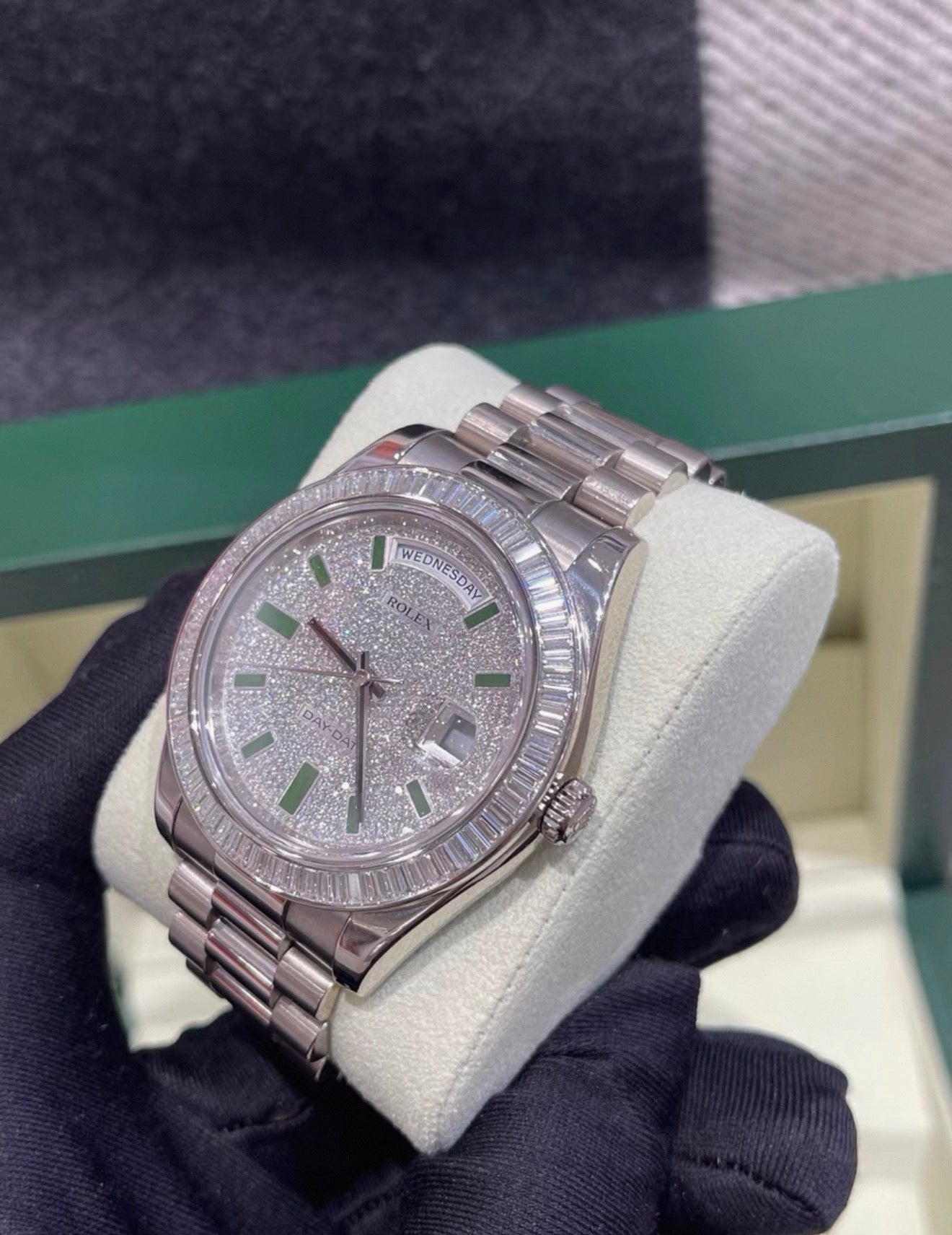 Rolex Day-Date 218399T 18k White gold  pave diamond with green enamel