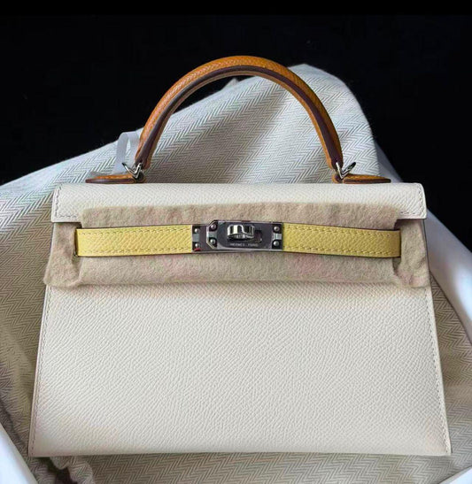 Hermes Mini Kelly 20 Tricolor Nata / Jaune Poussin / Alezan Epsom Palladium hardware