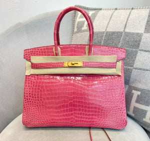 Hermes Birkin 35 Rose Fuschia shiny porosus crocodile leather gold hardware