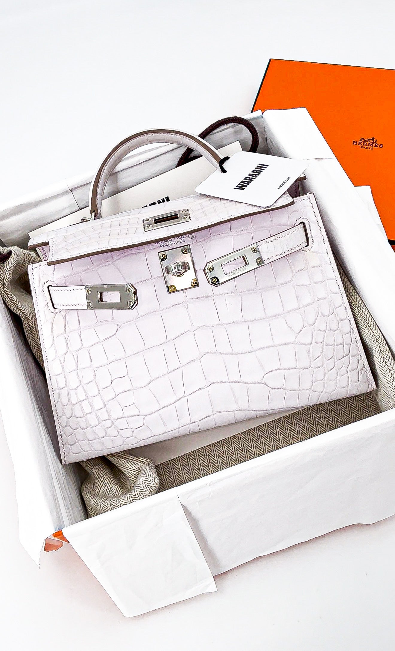 Hermes Mini Kelly 20 mauve pale matte alligator leather palladium hardware
