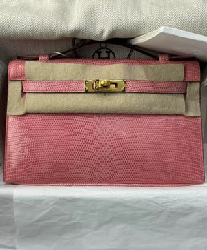 HERMÈS KELLY POCHETTE 5P BUBBLEGUM PINK LIZARD GOLD HARDWARE