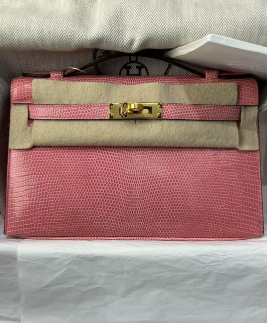 HERMÈS KELLY POCHETTE 5P BUBBLEGUM PINK LIZARD GOLD HARDWARE
