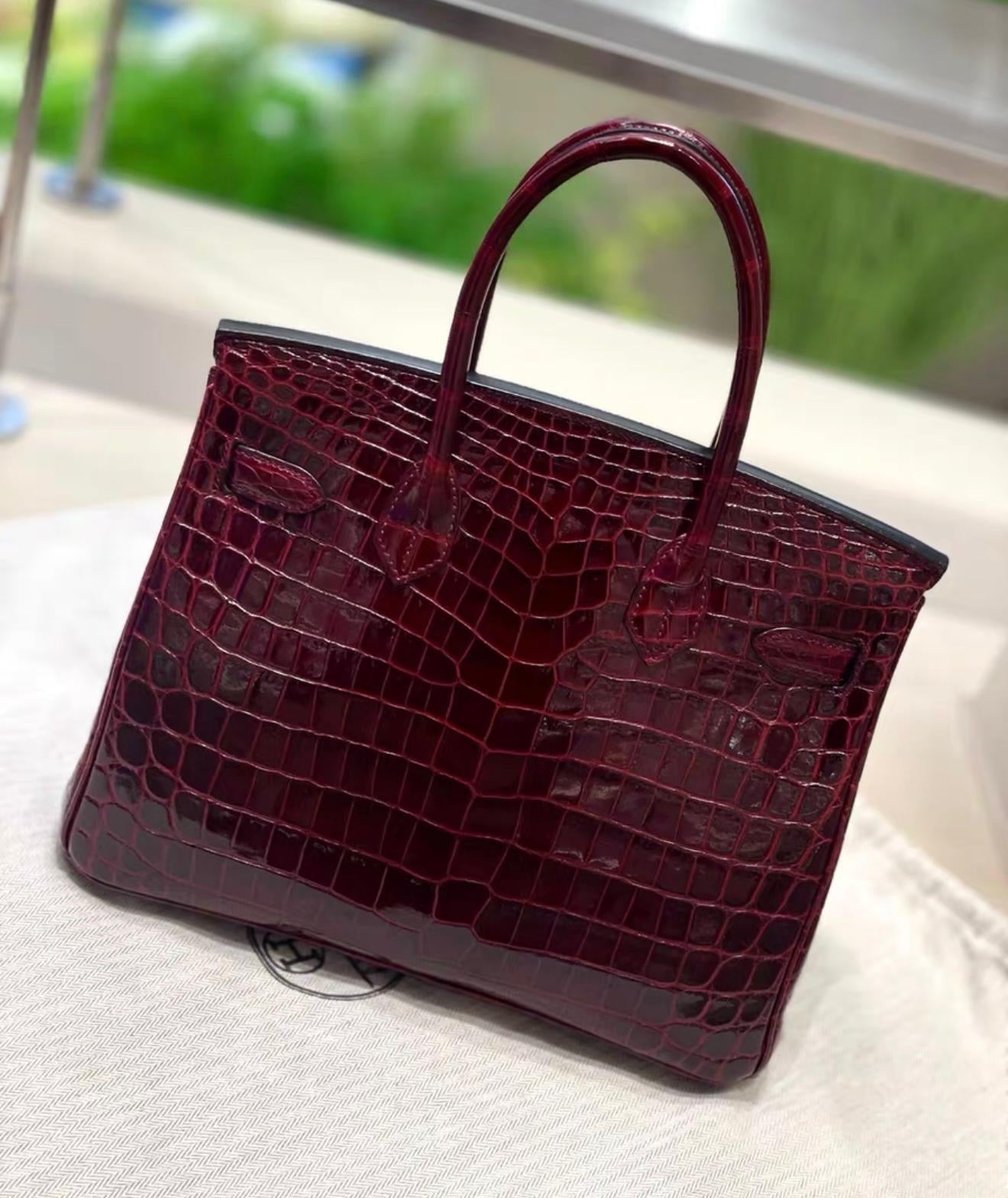 Hermes Birkin 30 Bordeaux Shiny Crocodile Leather Palladium Hardware