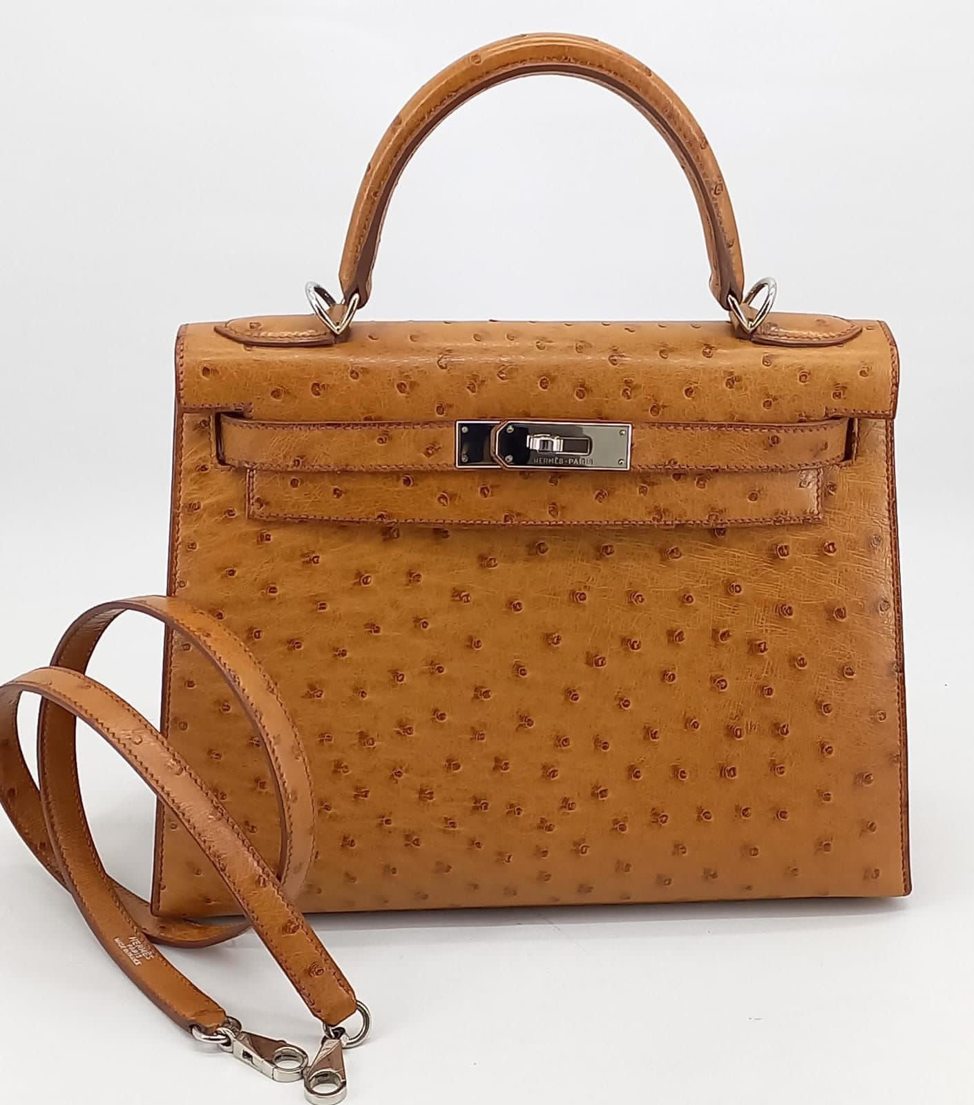 Hermes Kelly 28 Cognac Ostrich Leather Palladium Hardware