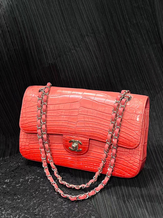 Chanel pink Alligator leather medium flap silver hardware
