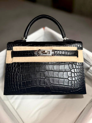 Hermes Mini Kelly 20 Black Matte Alligator Palladium hardware
