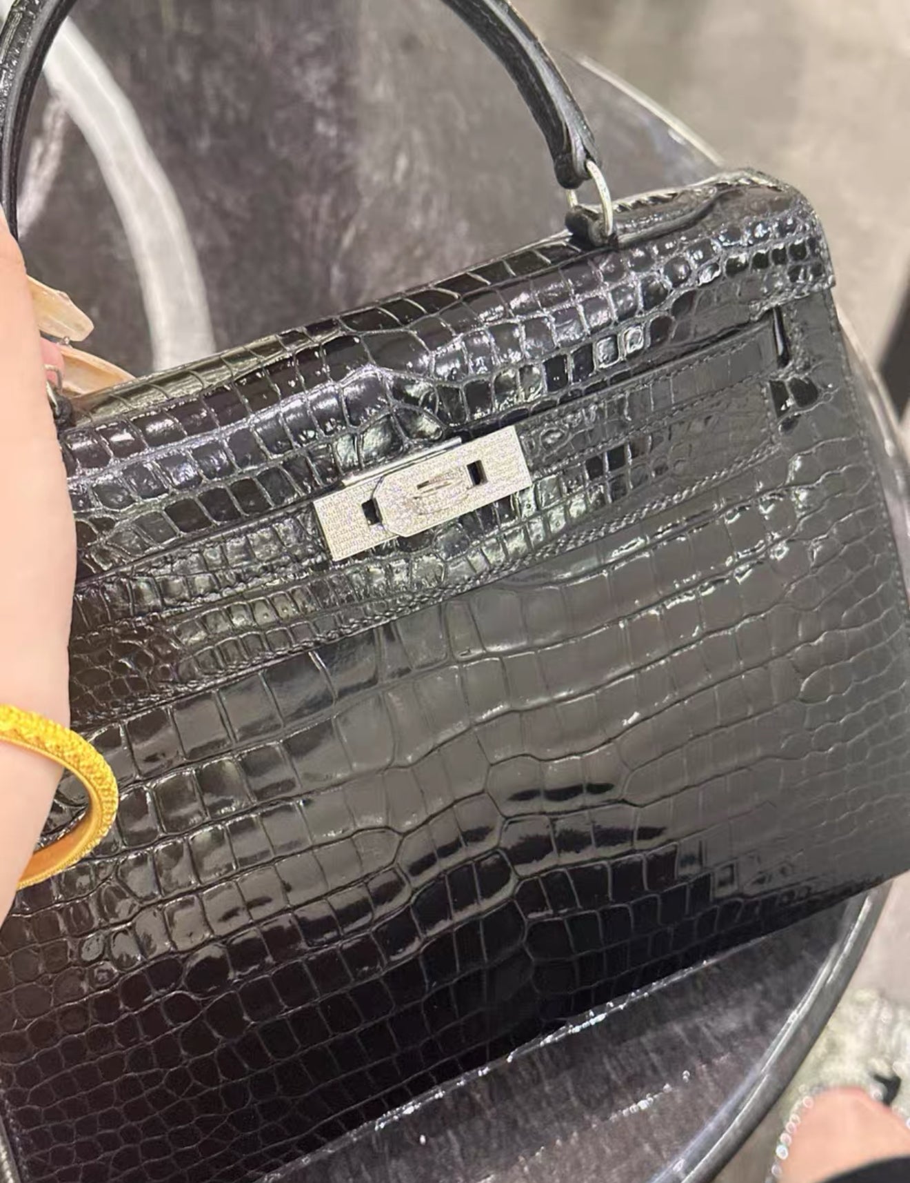 Hermes Kelly 25 Shiny crocodile leather white gold  diamond hardware
