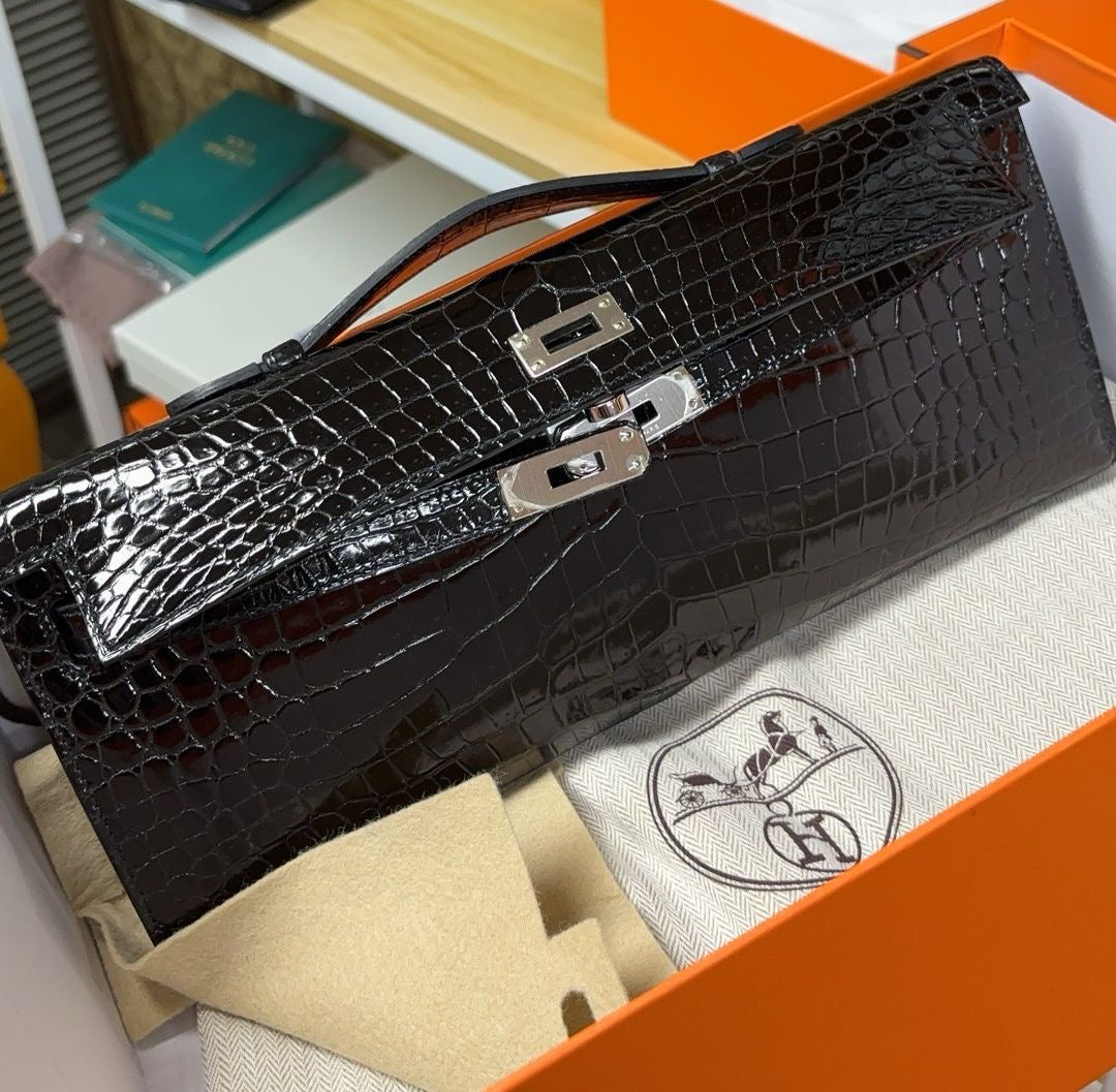Hermès Black Shiny Crocodile Kelly Cut Clutch with Palladium hardware