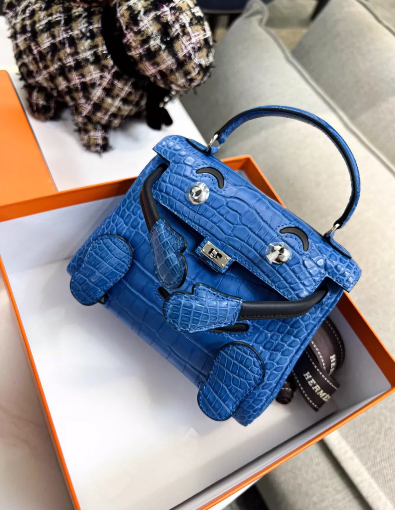 Hermes Kelly Doll Bleu Electric Matte Alligator  Black Swift Leather Palladium Hardware