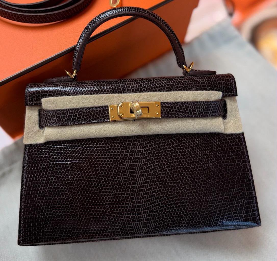 Hermes Mini Kelly 20 Havane Lizard leather Gold hardware