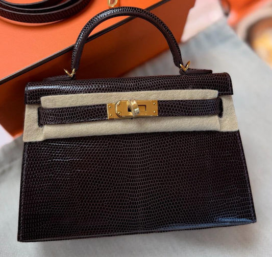 Hermes Mini Kelly 20 Havane Lizard leather Gold hardware
