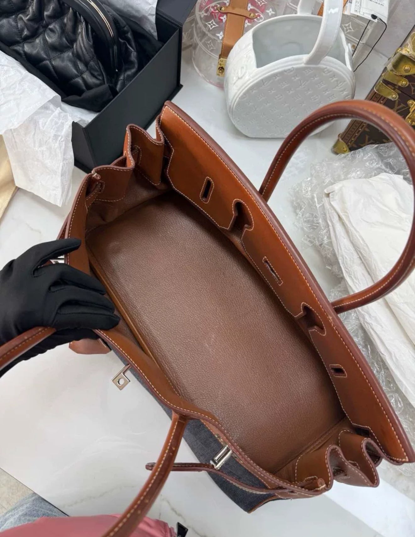 Hermes Shoulder Birkin Saddle leather and denim palladium hardware