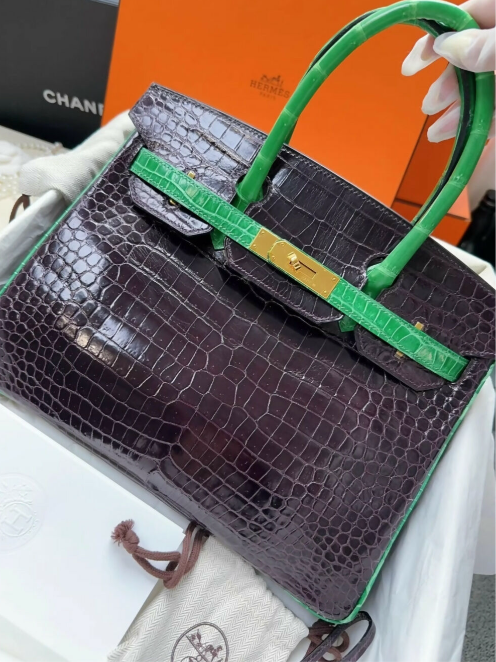 Hermes Birkin 30 Amethyst/Green Crocodile Gold Hardware