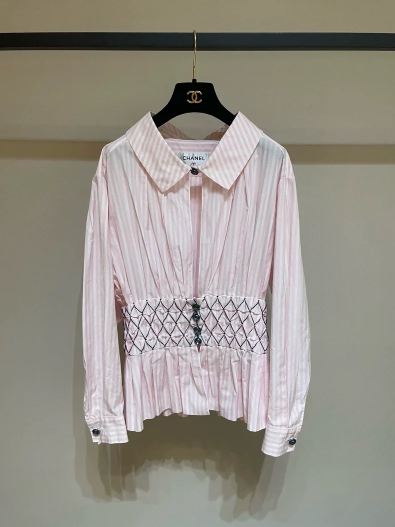 Chanel 19C Pink Striped Pleated Blouse