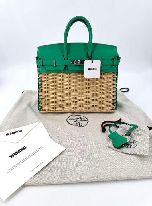 Limited Edition Hermes Birkin 25 Picnic  Menthe Swift and Osier Wicker Palladium Hardware