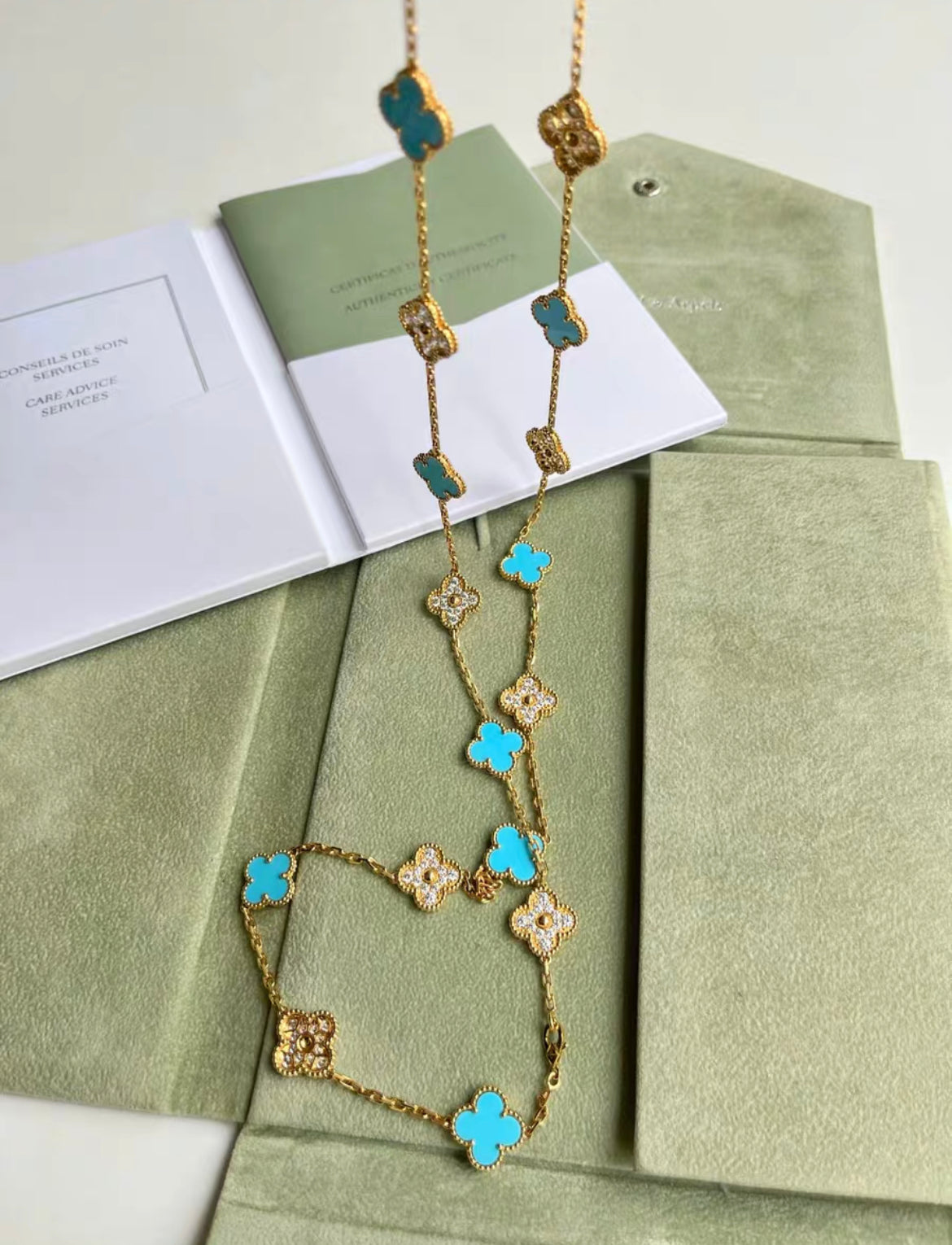 Van Cleef  Arpels Vintage Alhambra Diamond and Turquoise 20 Motif Necklace