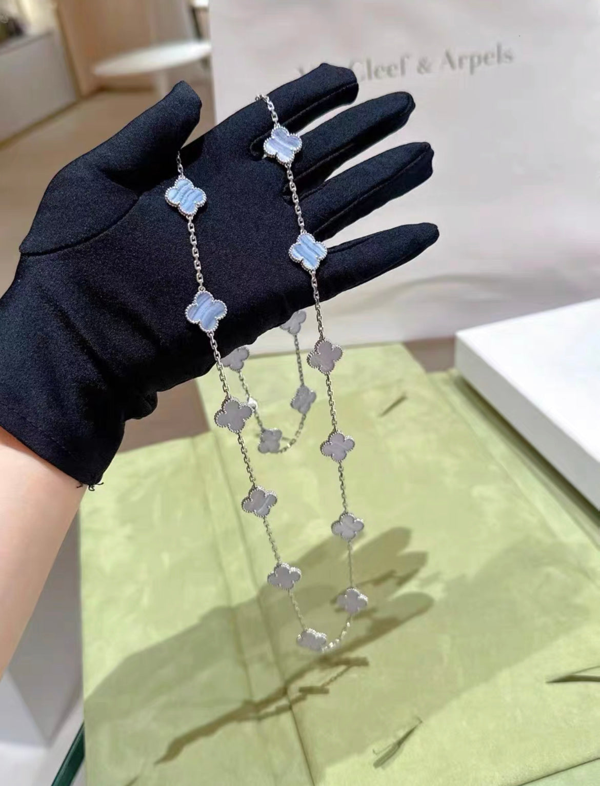 VCA Van Cleef  Arpels Vintage Alhambra long necklace, 20 motifs 18K white gold, Chalcedony 
Full set brand new