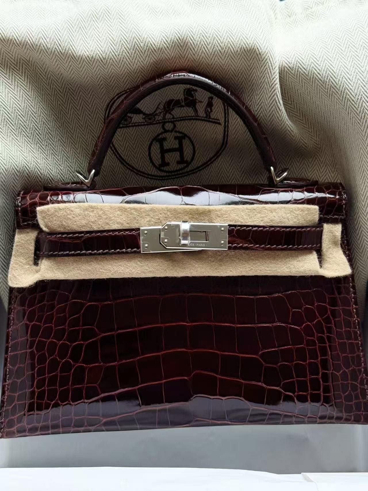 Hermes mini kelly 20 havane shiny alligator palladium hardware