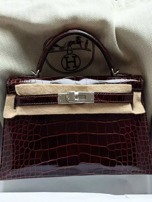 Hermes mini kelly 20 havane shiny alligator palladium hardware