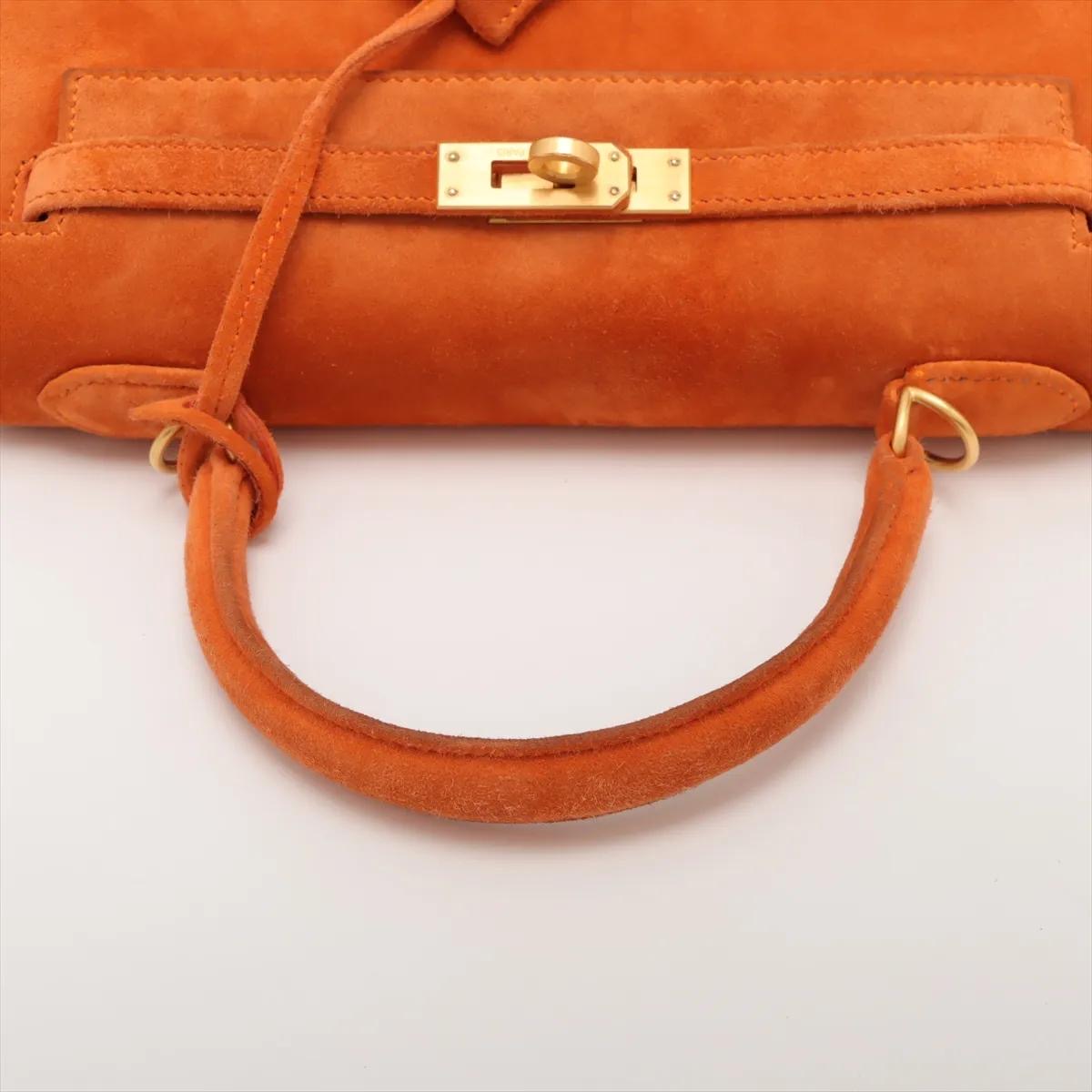 Hermes Kelly 25 Orange Doblis Suede Leather Gold Hardware