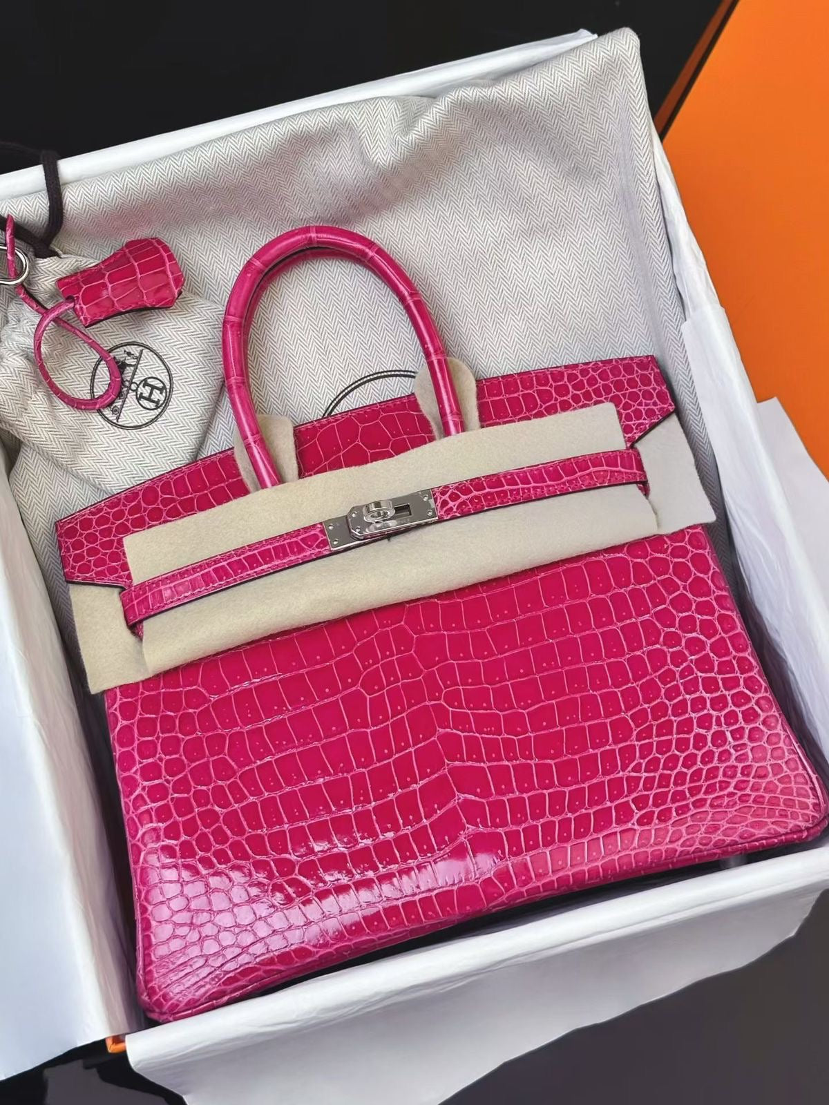 Hermes Birkin 25 Rose Mexico Shiny Porosus crocodile leather palladium hardware