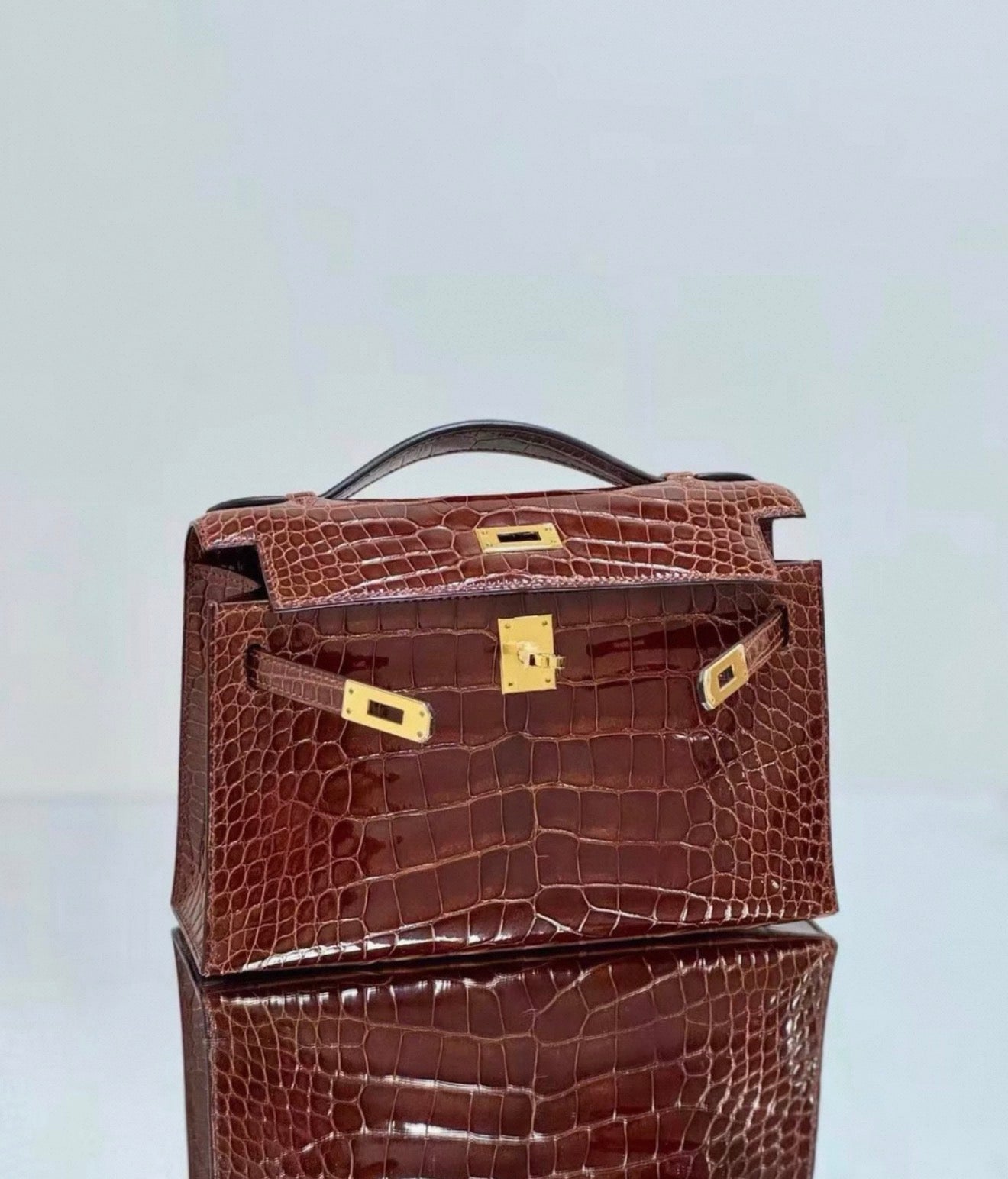 Hermes Kelly Pochette Miel shiny alligator gold hardware