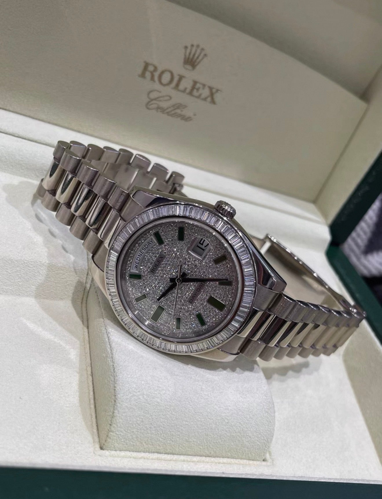 Rolex Day-Date 218399T 18k White gold  pave diamond with green enamel