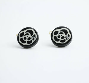 Chanel Vintage 03P Resin Black and White Camellia Button Hoop Earrings