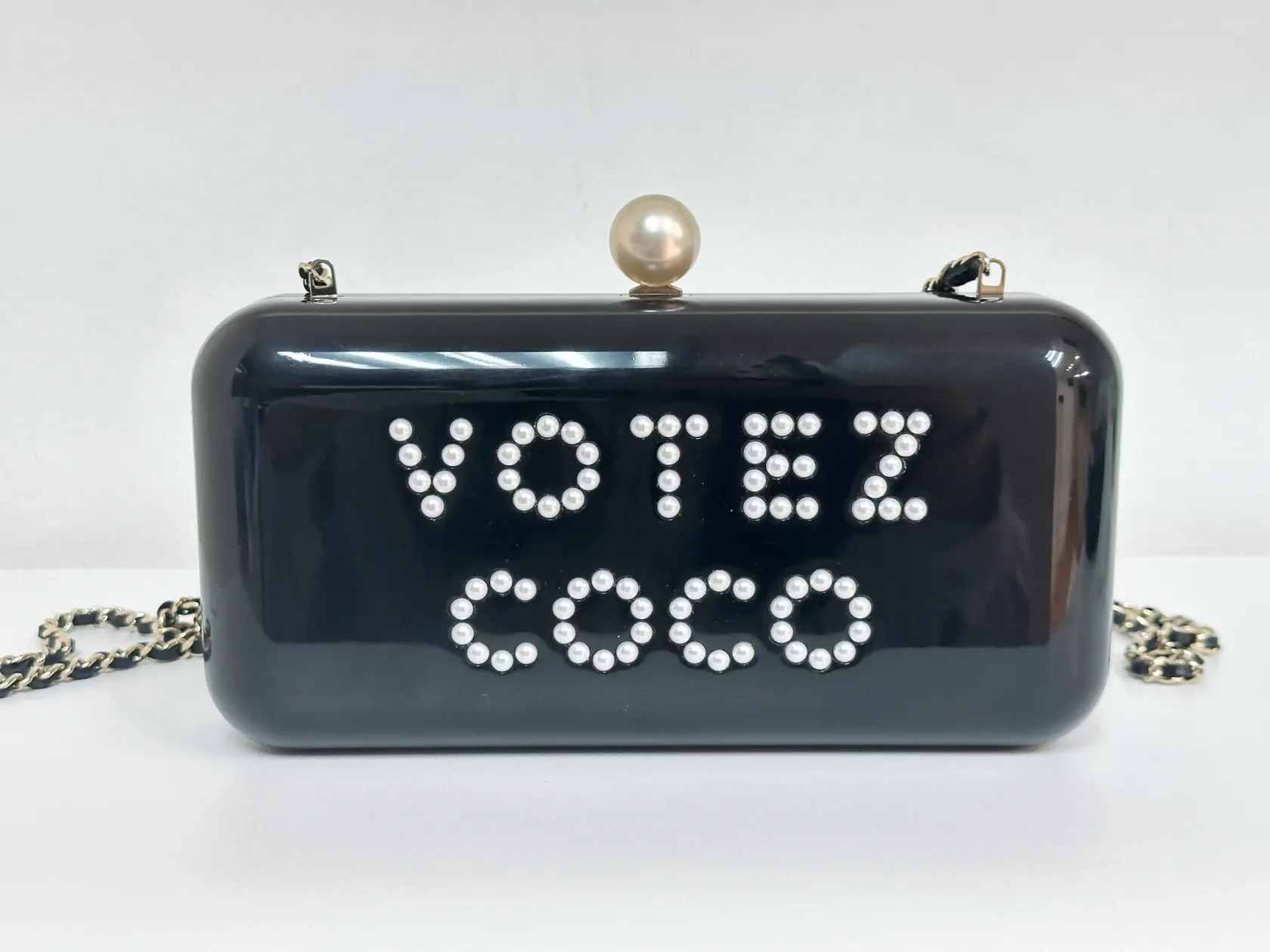 Chanel “Votez Coco” Pearl Plexiglass Minaudière Evening Clutch