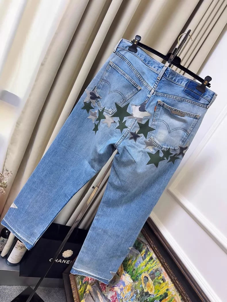 Chrome Hearts Limited Edition Blue Distressed Jeans, Army Green Camouflage Patchwork Star Jeans